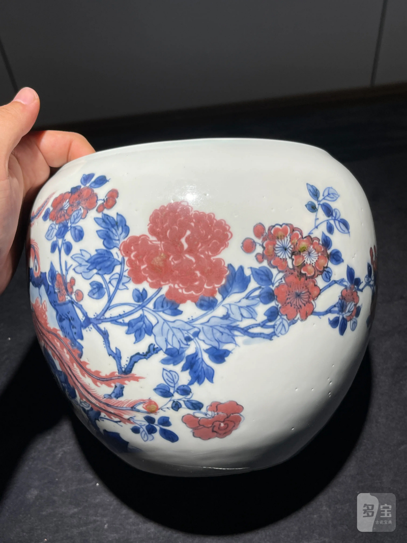 清康熙 青花釉里红凤凰牡丹纹卷缸 - 图5
